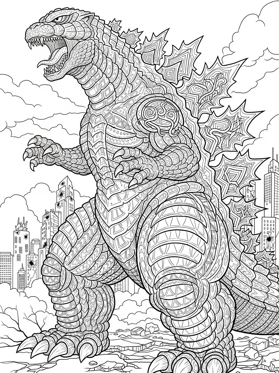 Desenho do Godzilla em pé na cidade para colorir