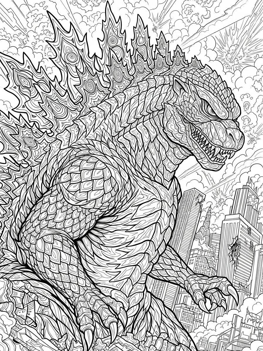 Desenho do Godzilla realista entre prédios para colorir