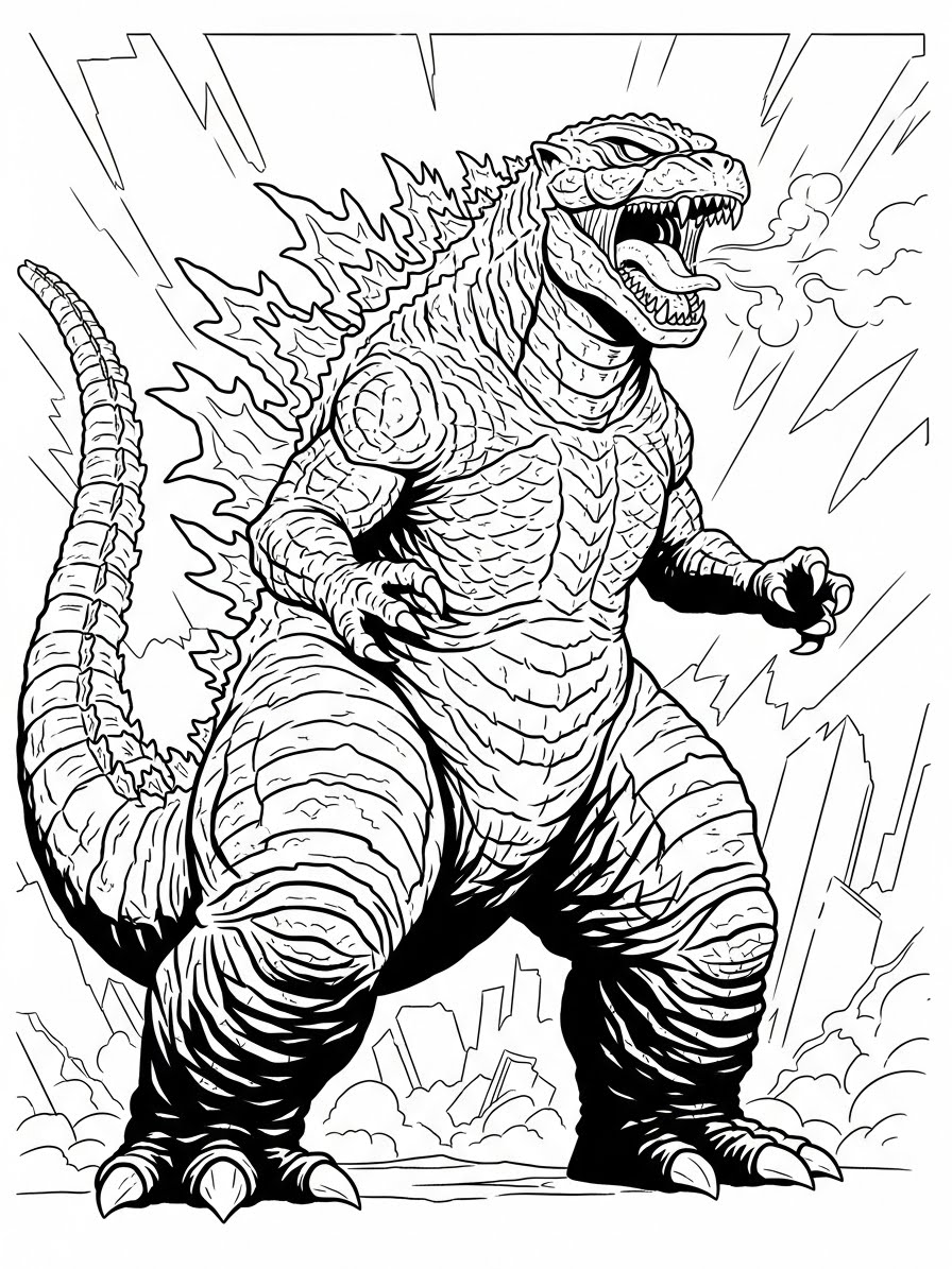 Desenho do Godzilla em pé rugindo para colorir