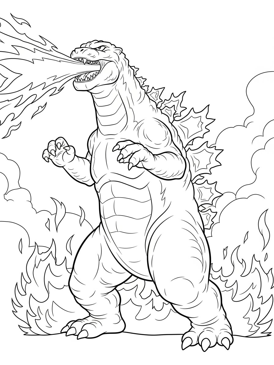 Desenho do Godzilla lançando fogo para colorir