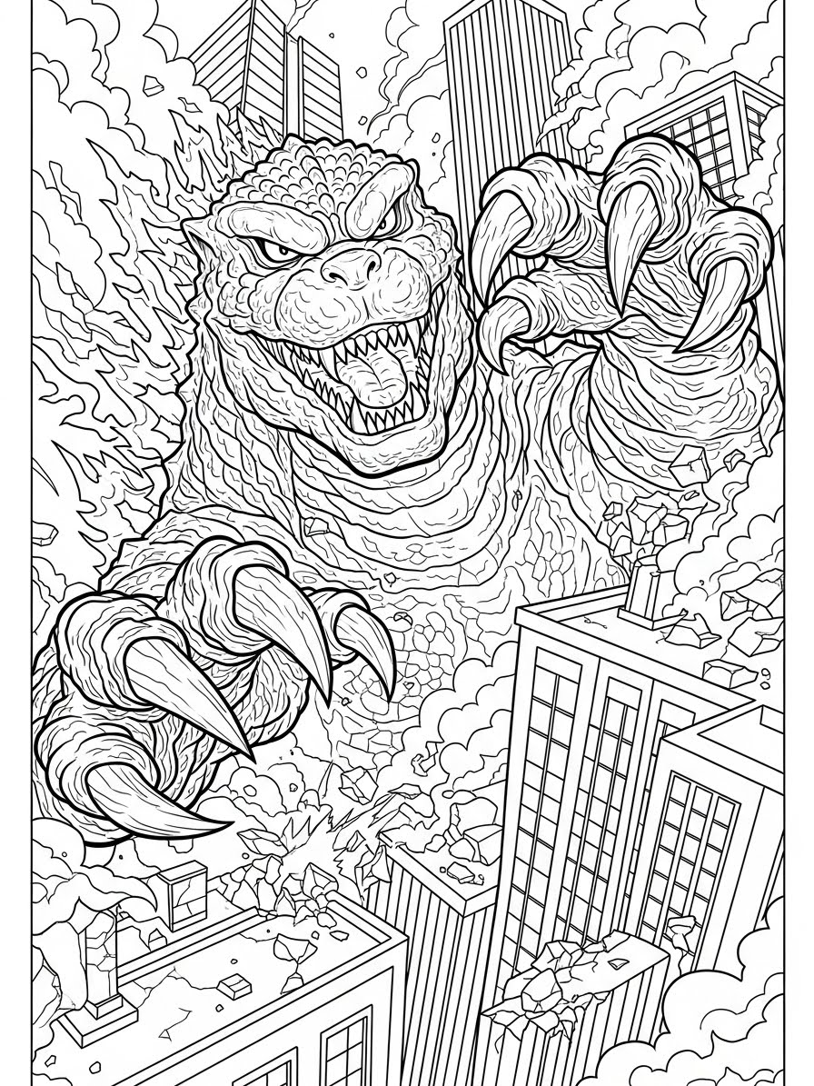 Desenho do Godzilla atacando edifícios para colorir