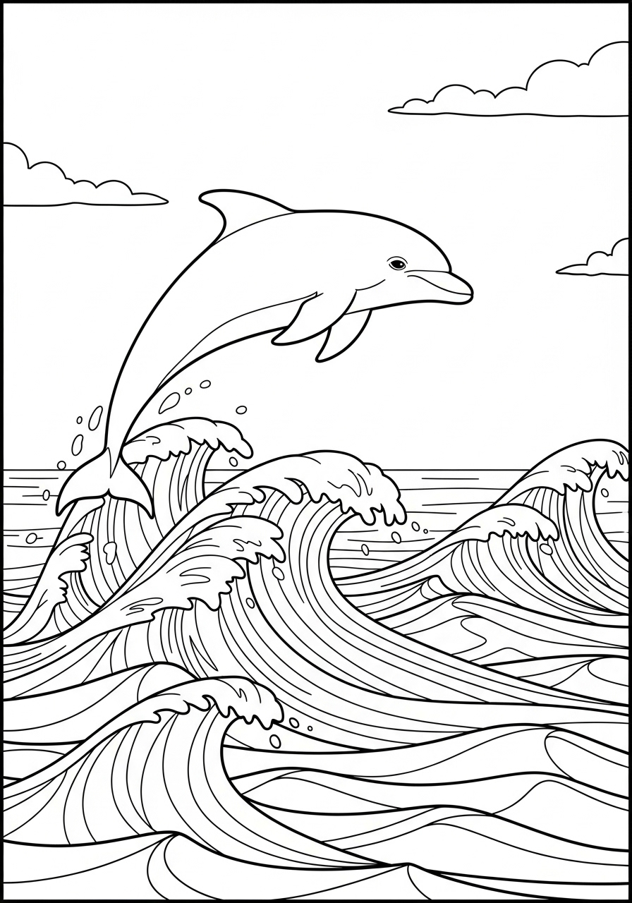 Desenho de Golfinho saltando sobre ondas para colorir