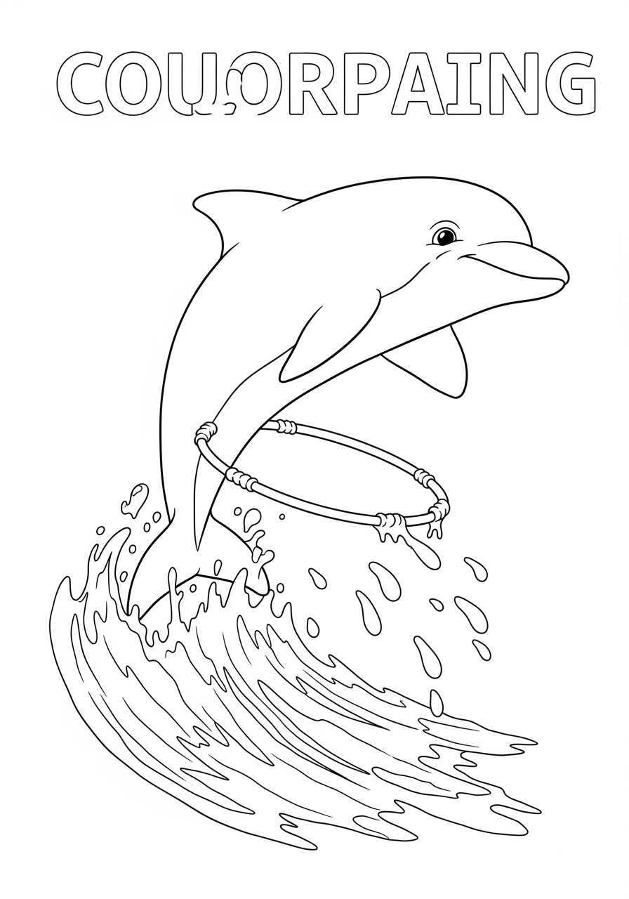 Desenho de Golfinho pulando em onda com aro para colorir