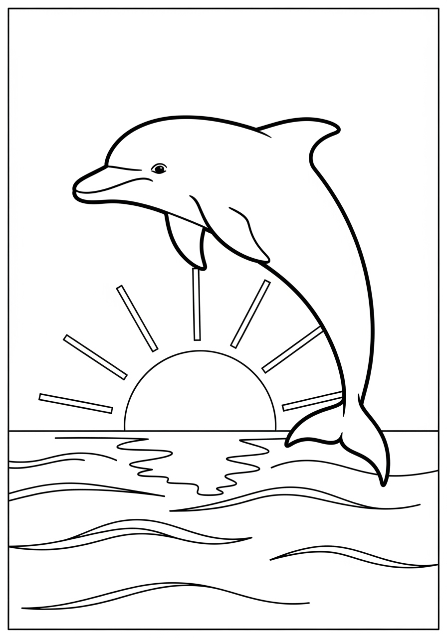 Desenho de Golfinho com sol ao fundo para colorir