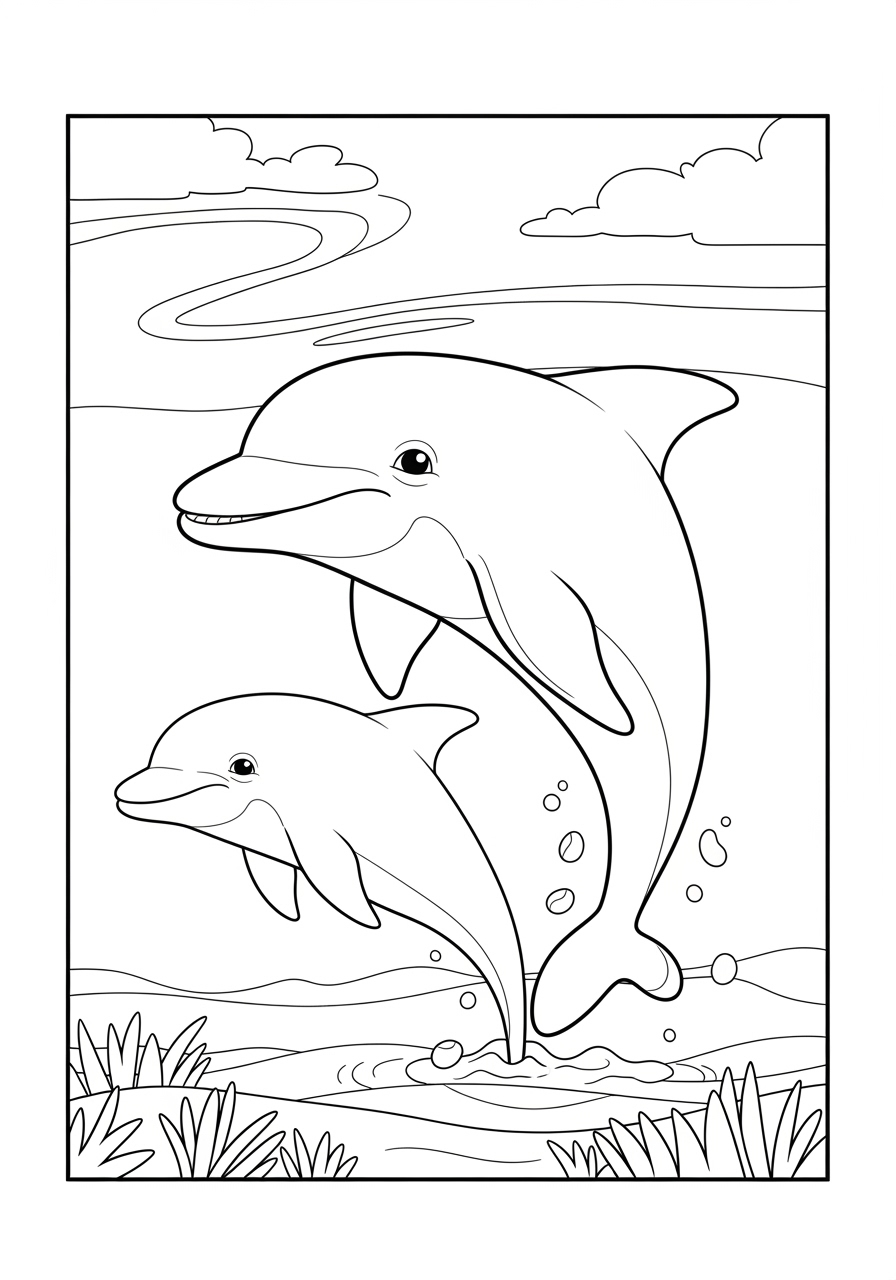 Desenho de Golfinhos pulando no mar para colorir