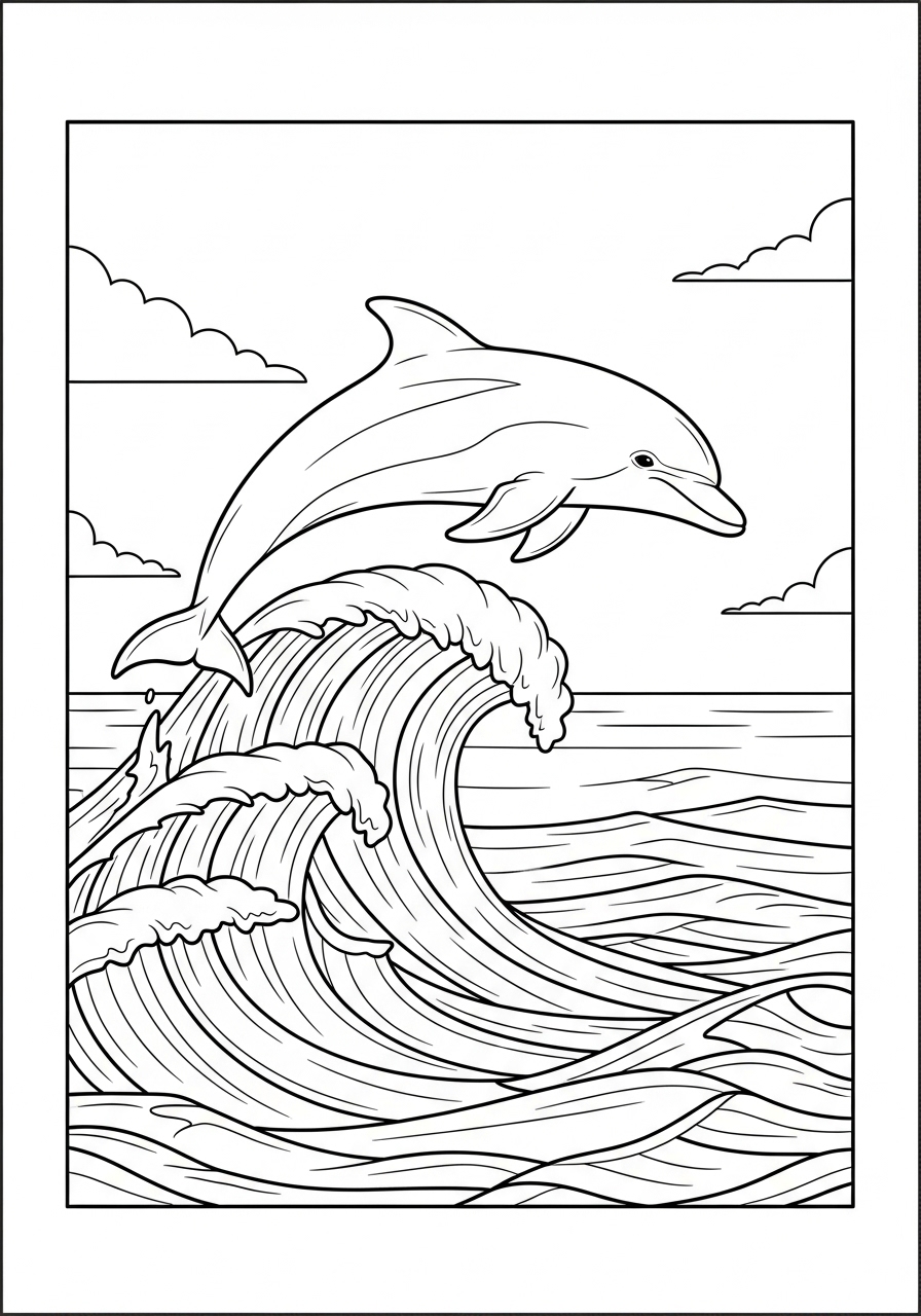 Desenho de Golfinho saltando sobre onda para colorir
