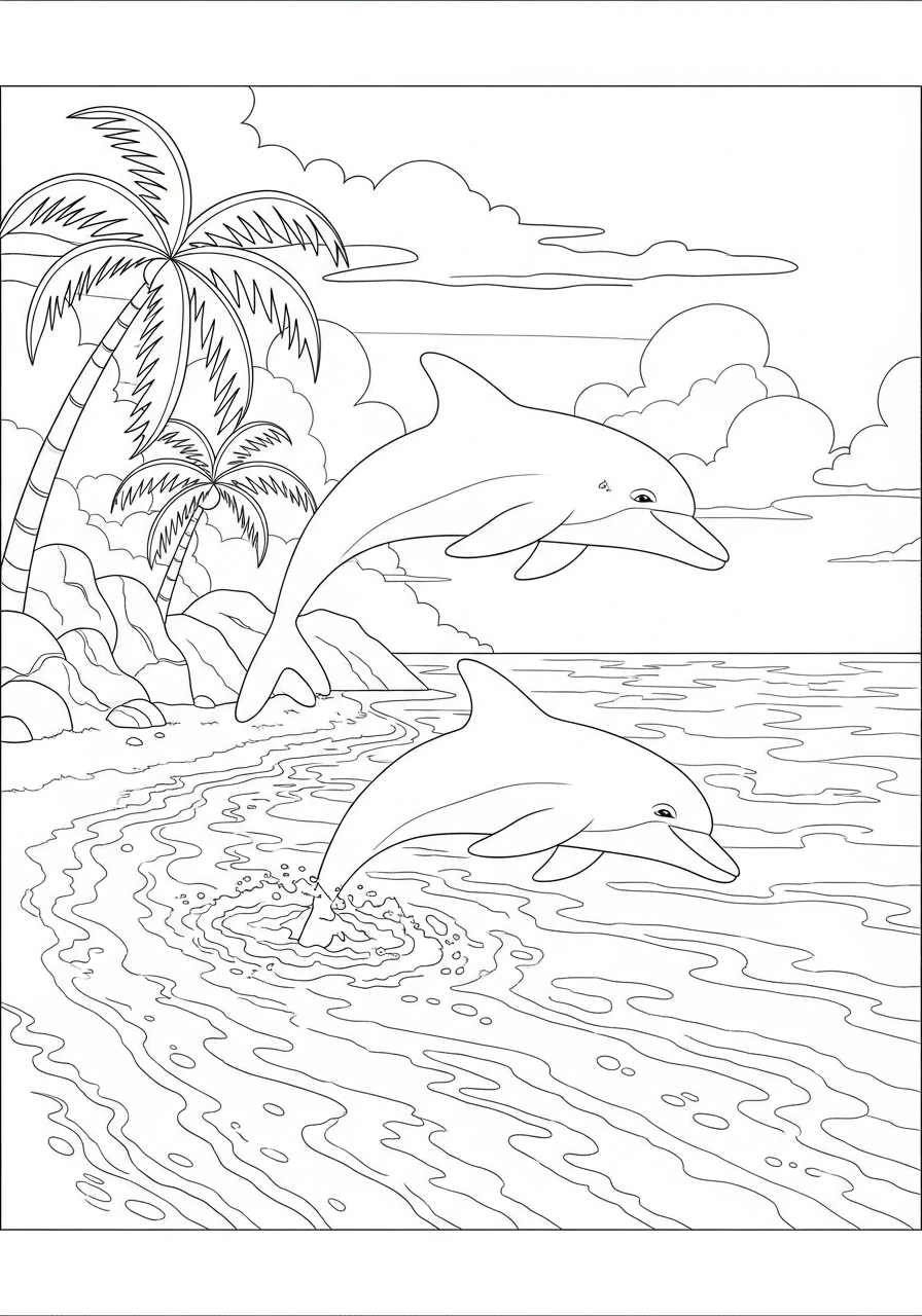 Desenho de Golfinhos na praia com coqueiros para colorir