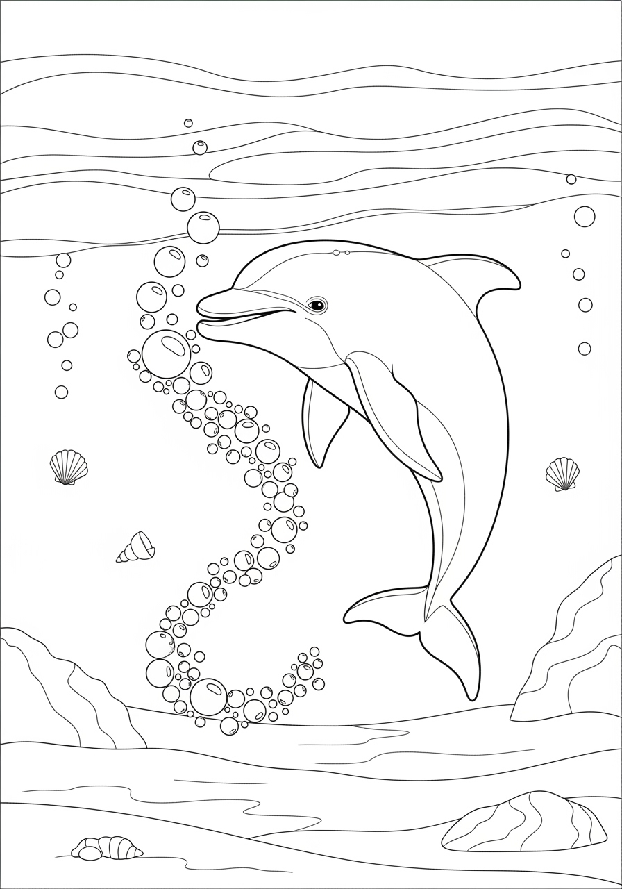 Desenho de Golfinho submerso com bolhas para colorir