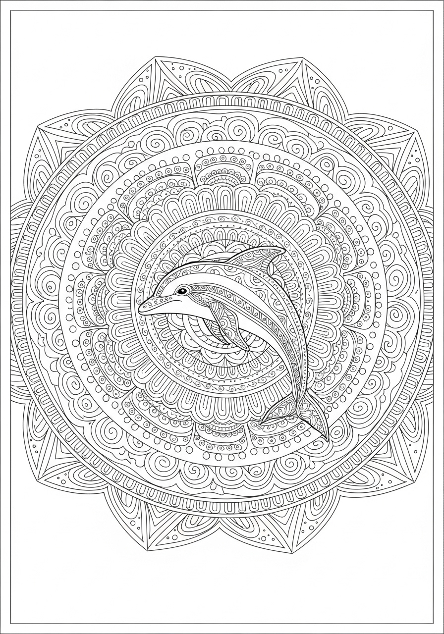 Desenho de Golfinho com mandala detalhada para colorir