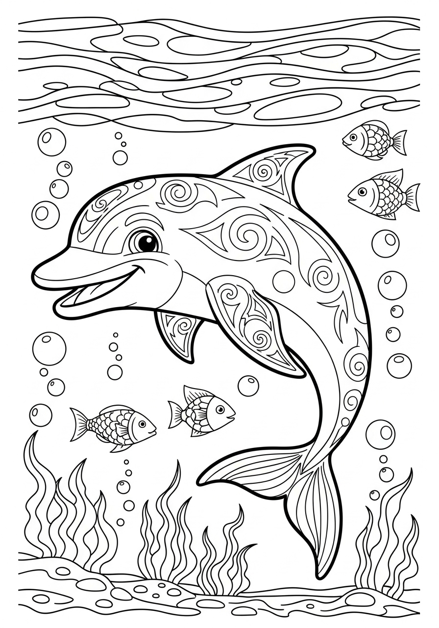 Desenho de Golfinho feliz com peixes ao redor para colorir