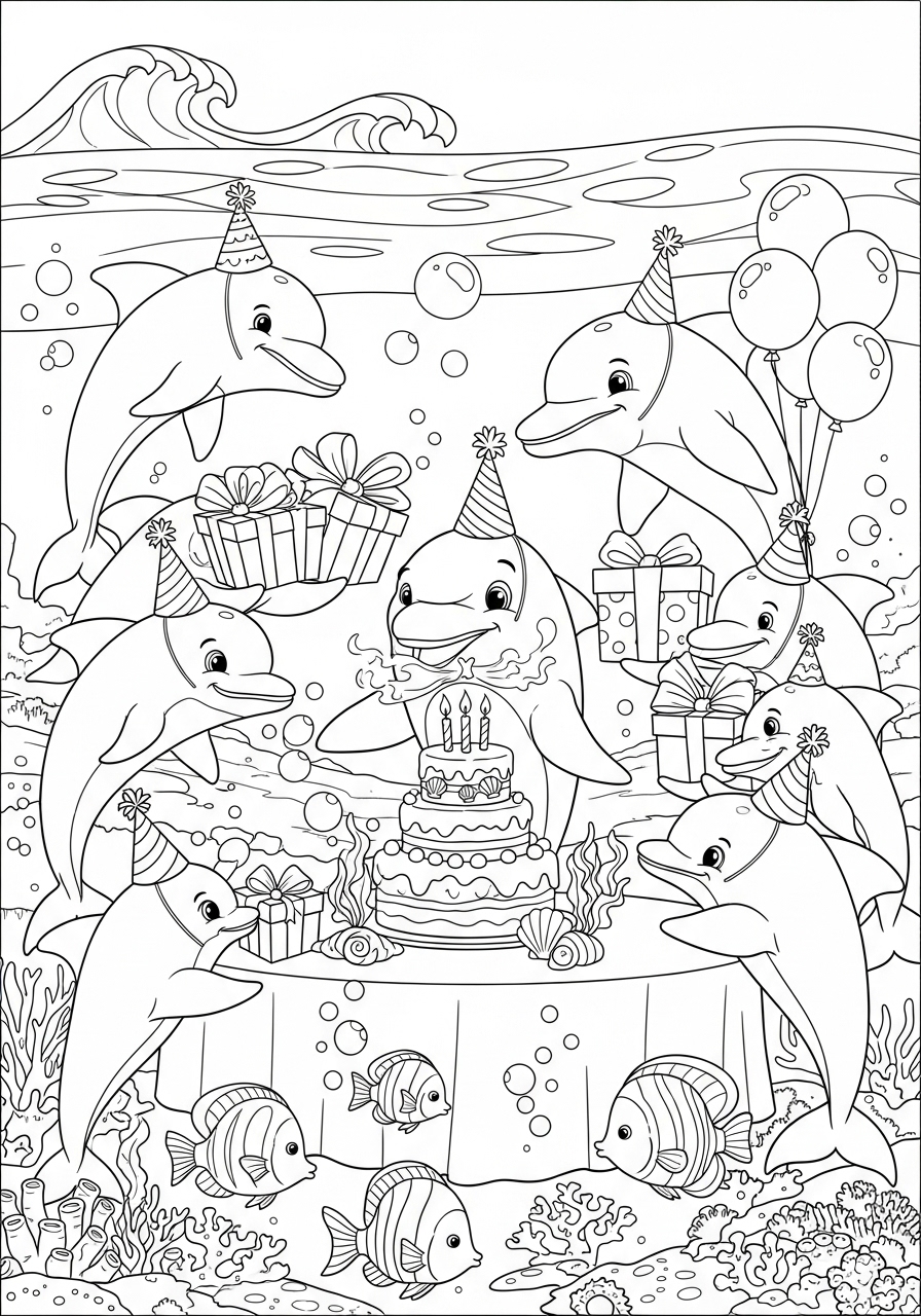 Desenho de Golfinhos comemorando aniversário para colorir