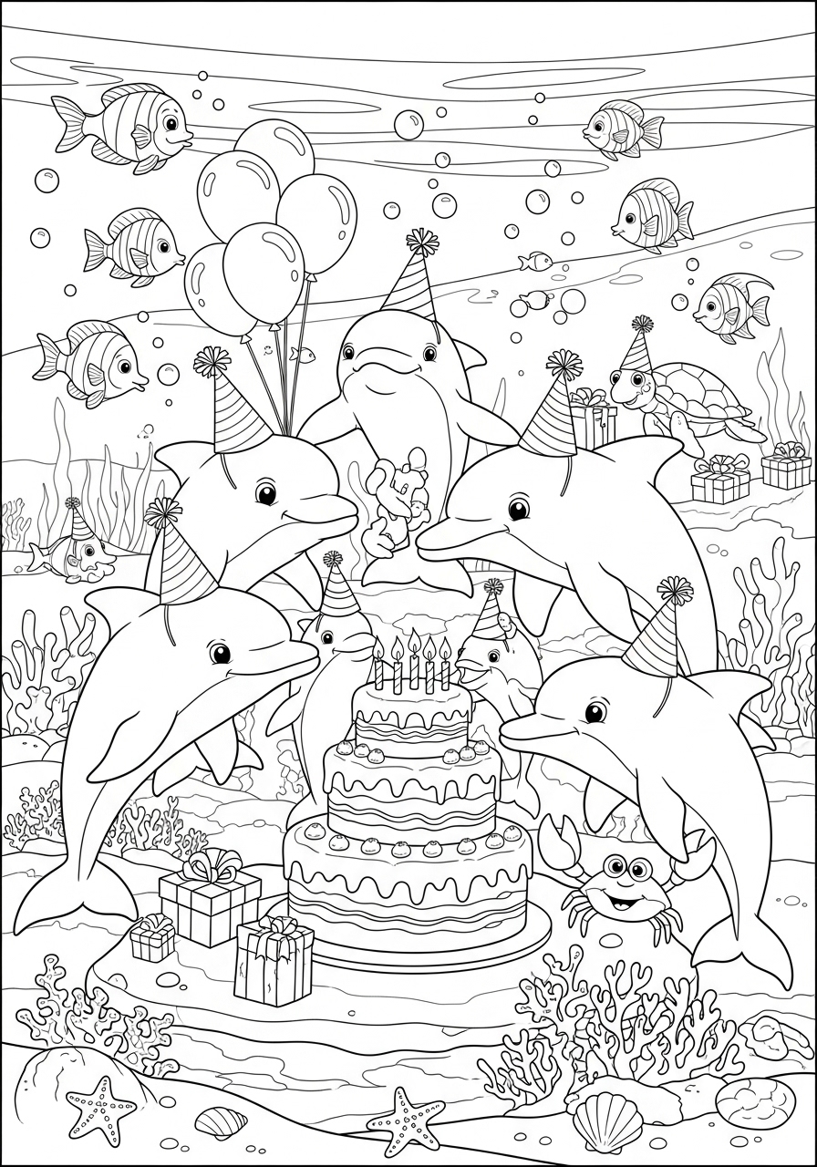 Desenho de golfinhos celebrando com bolo para colorir