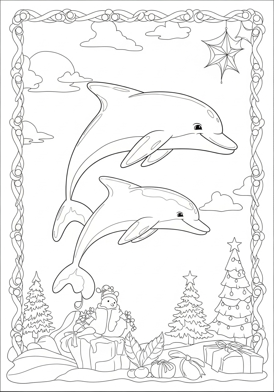 Desenho de Golfinhos fofos natalinos para colorir
