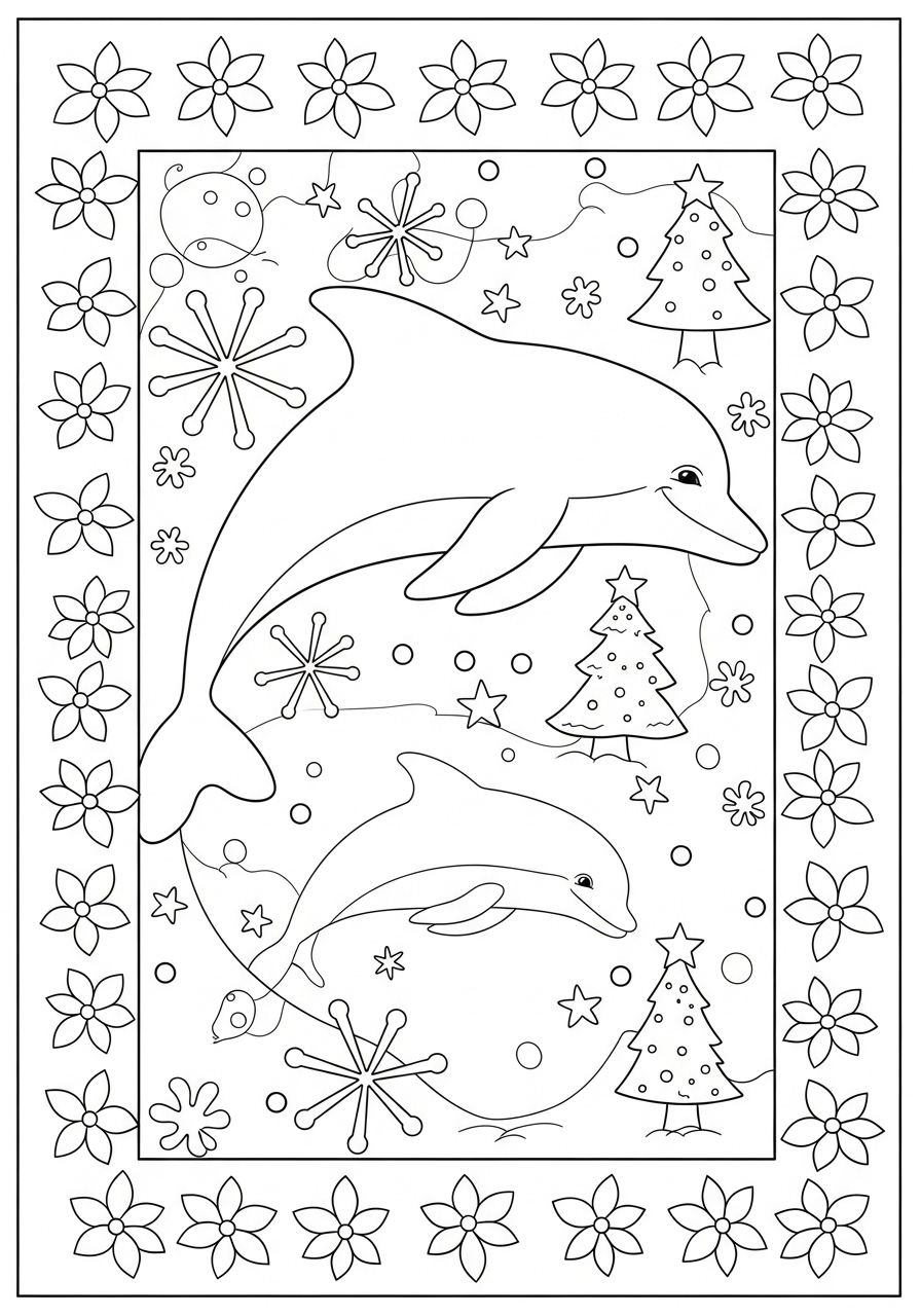 Desenho de Golfinhos com árvores e flores para colorir