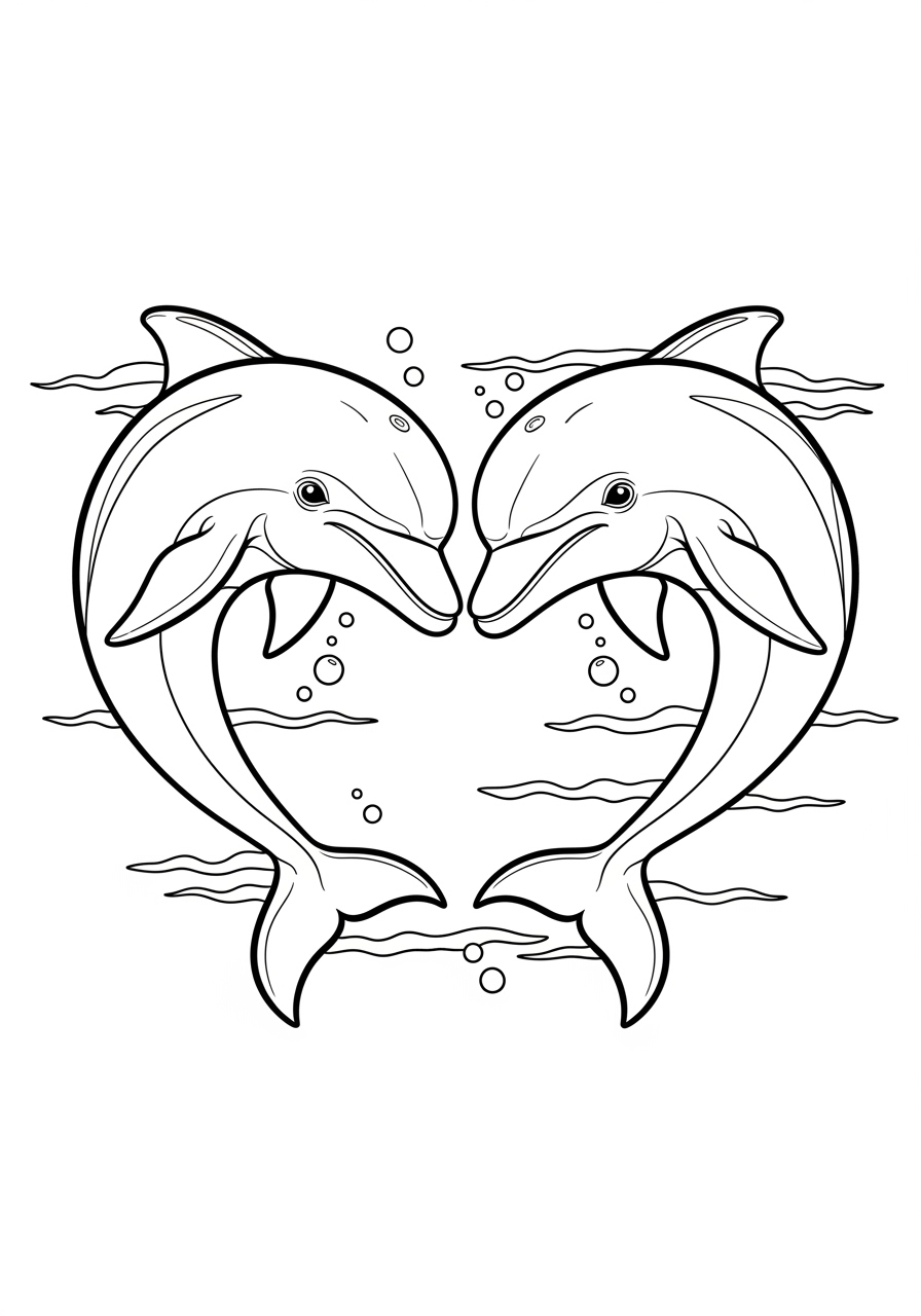 Desenho de dois golfinhos formando coração para colorir