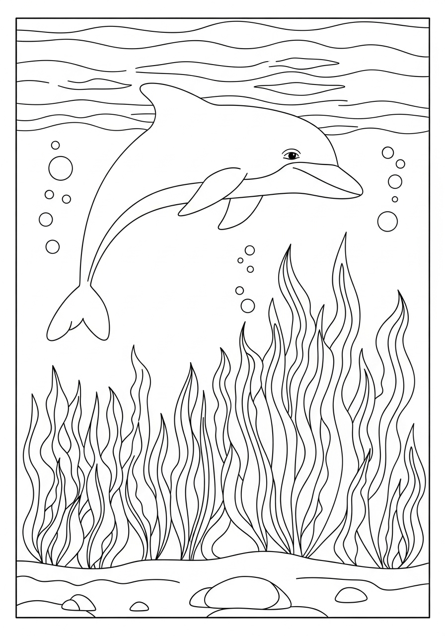 Desenho de Golfinho realista nadando no oceano para colorir