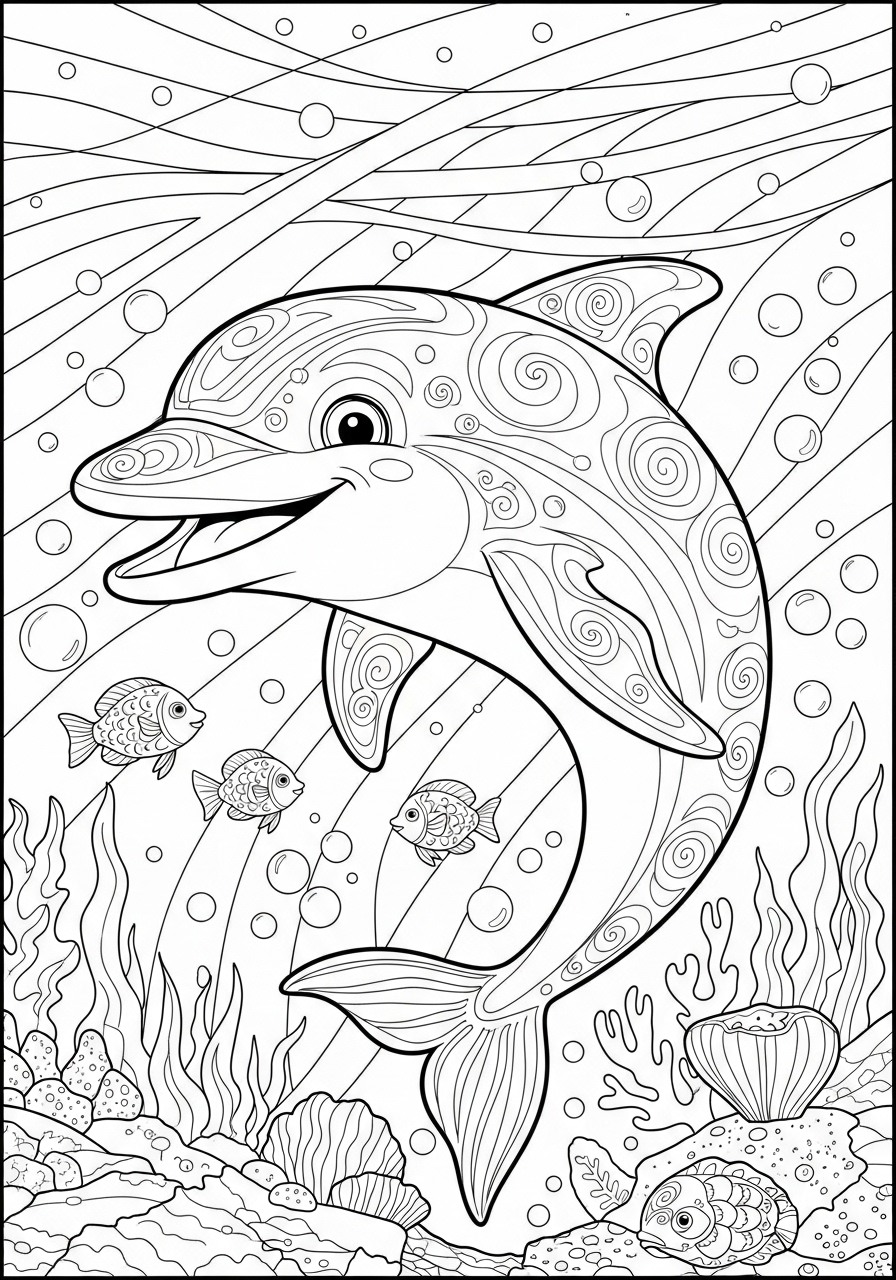Desenho de Golfinho sorrindo e nadando para colorir