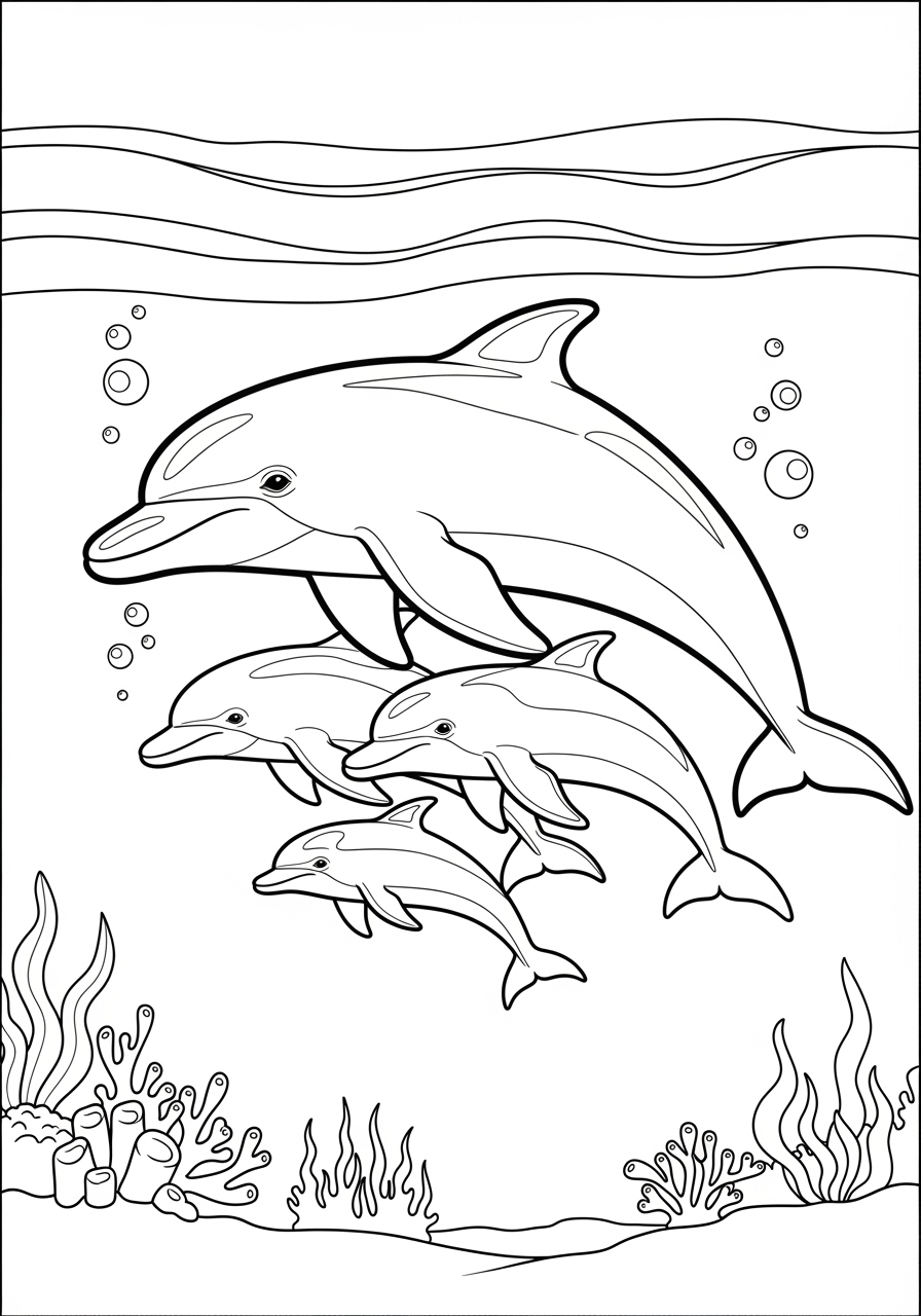 Desenho de Golfinhos nadando em grupo para colorir