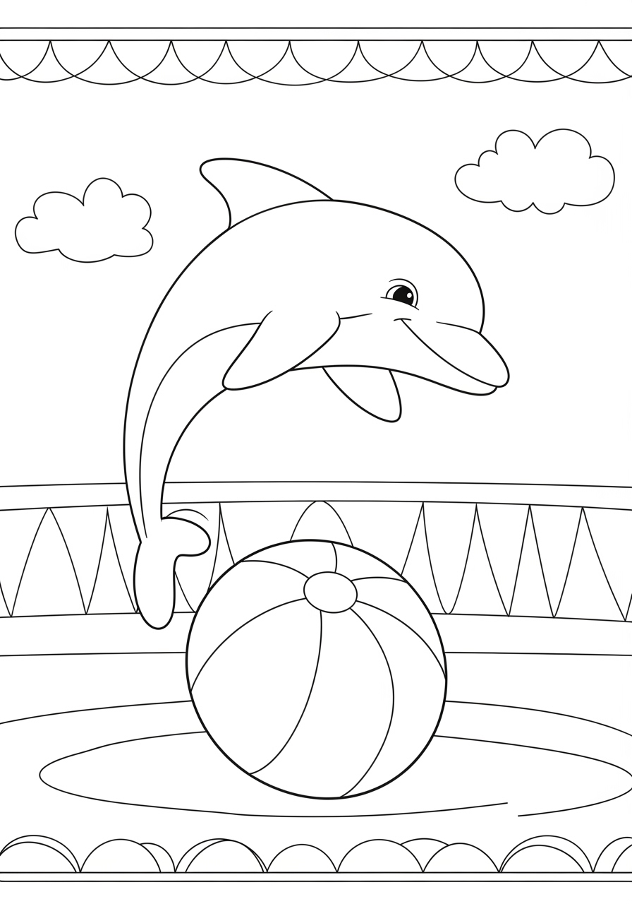 Desenho de golfinho brincando com bola para colorir