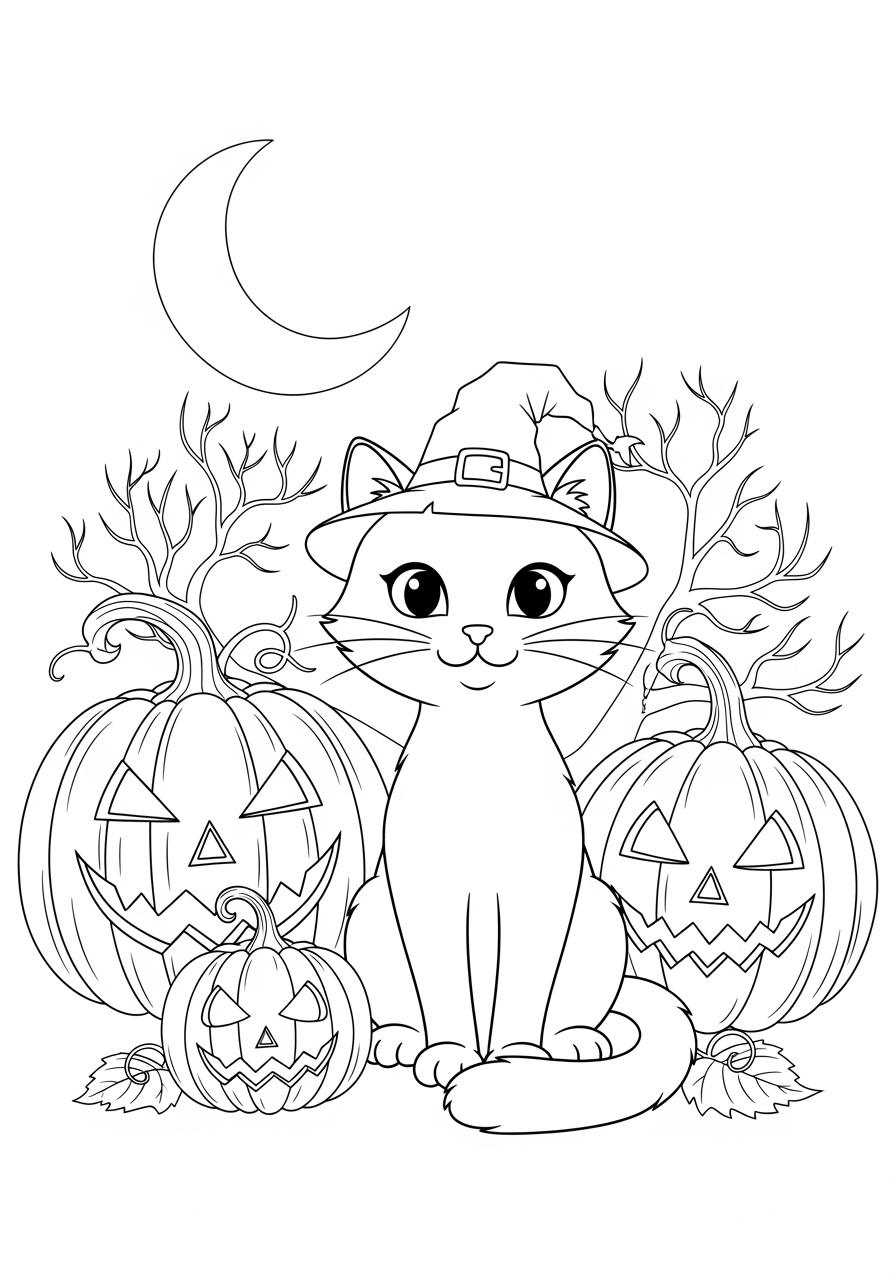 Desenho Halloween de gato com abóboras para imprimir e colorir