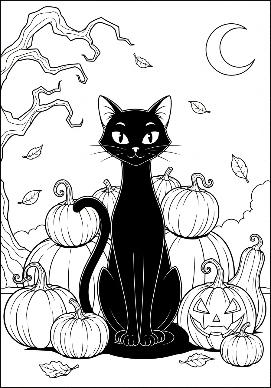 Desenho Halloween de gato preto com abóboras para colorir