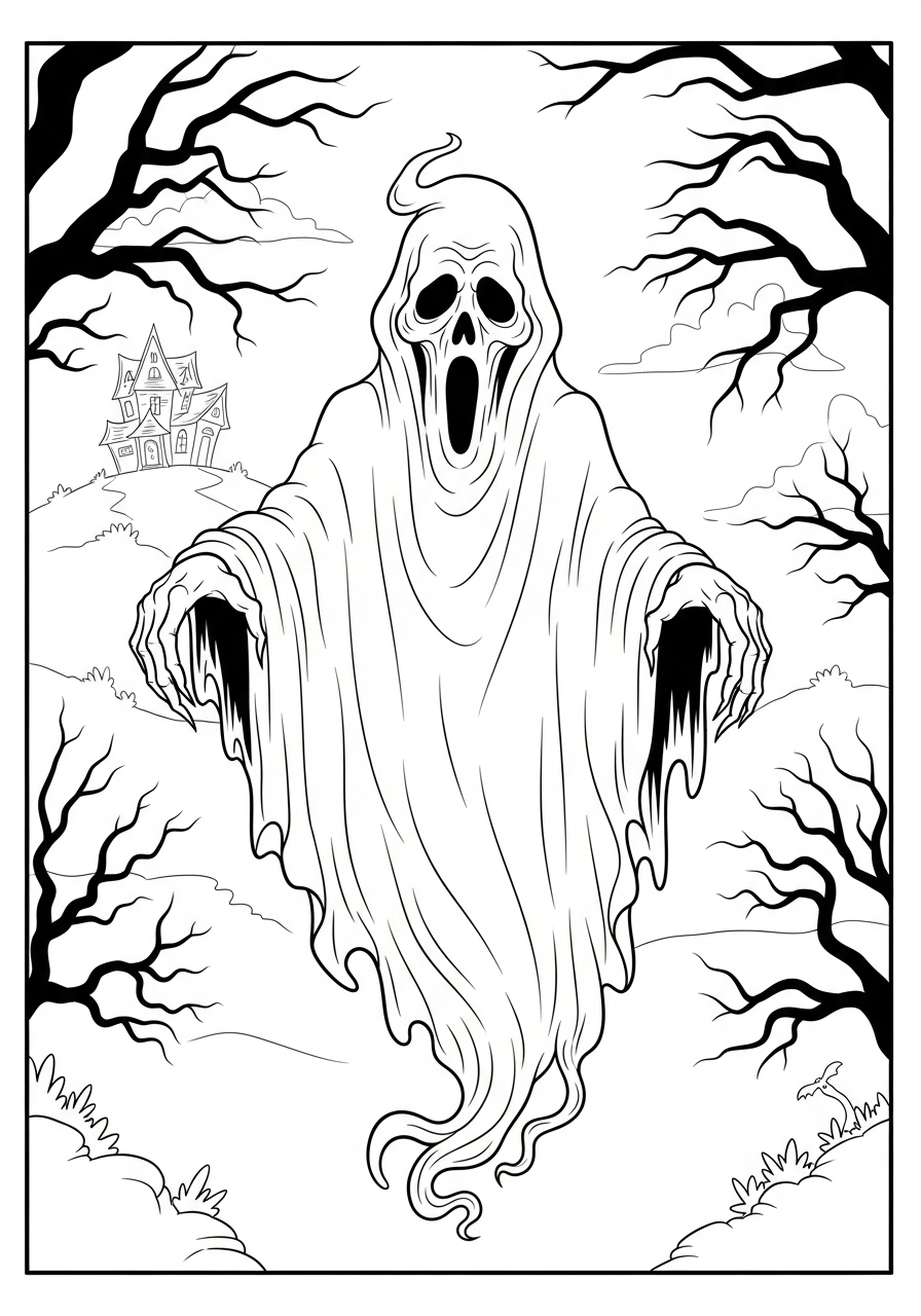 Desenho Halloween de fantasma assustador para colorir