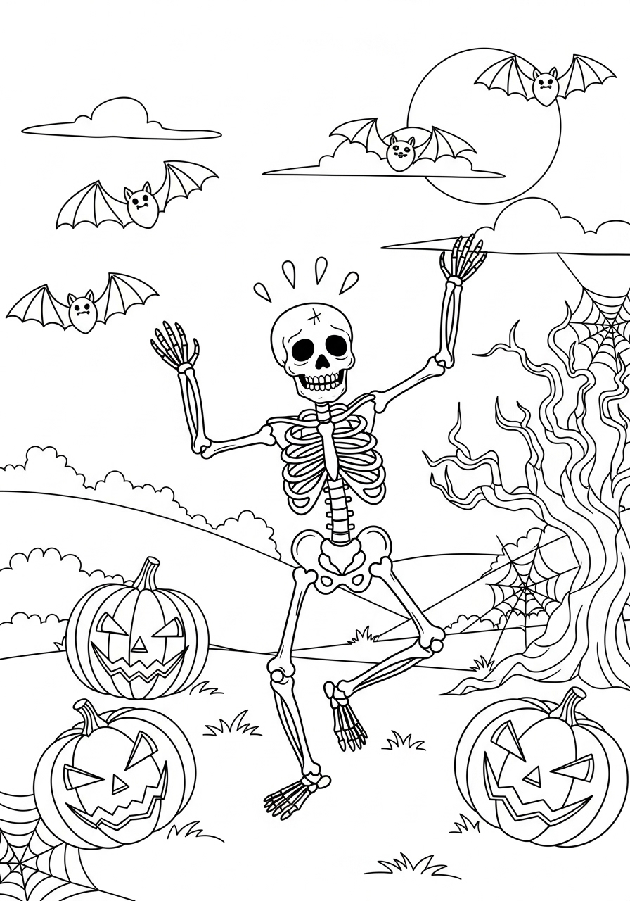 Desenho Halloween de esqueleto com abóboras e morcegos