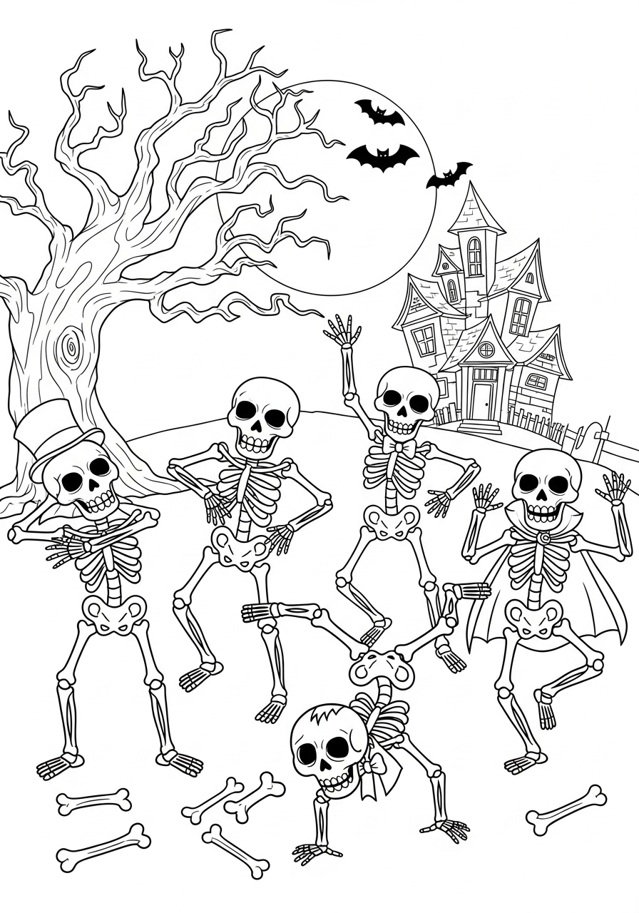 Desenho Halloween de esqueletos dançando para colorir