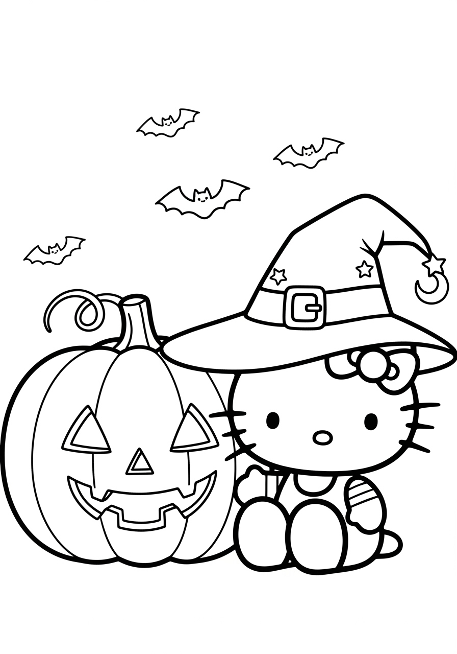 Desenho Halloween da Hello Kitty com abóbora para colorir