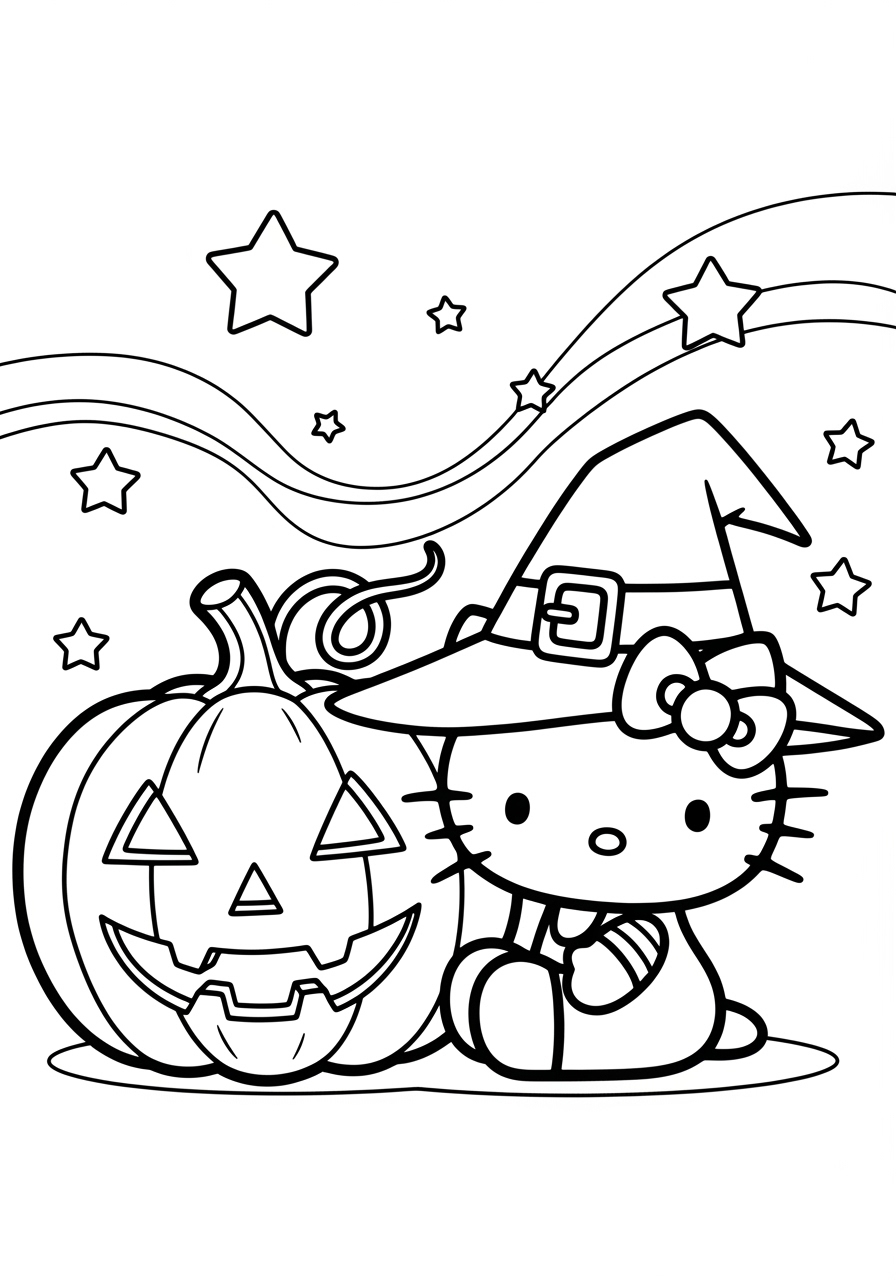 Desenho Halloween da Hello Kitty com abóbora para colorir