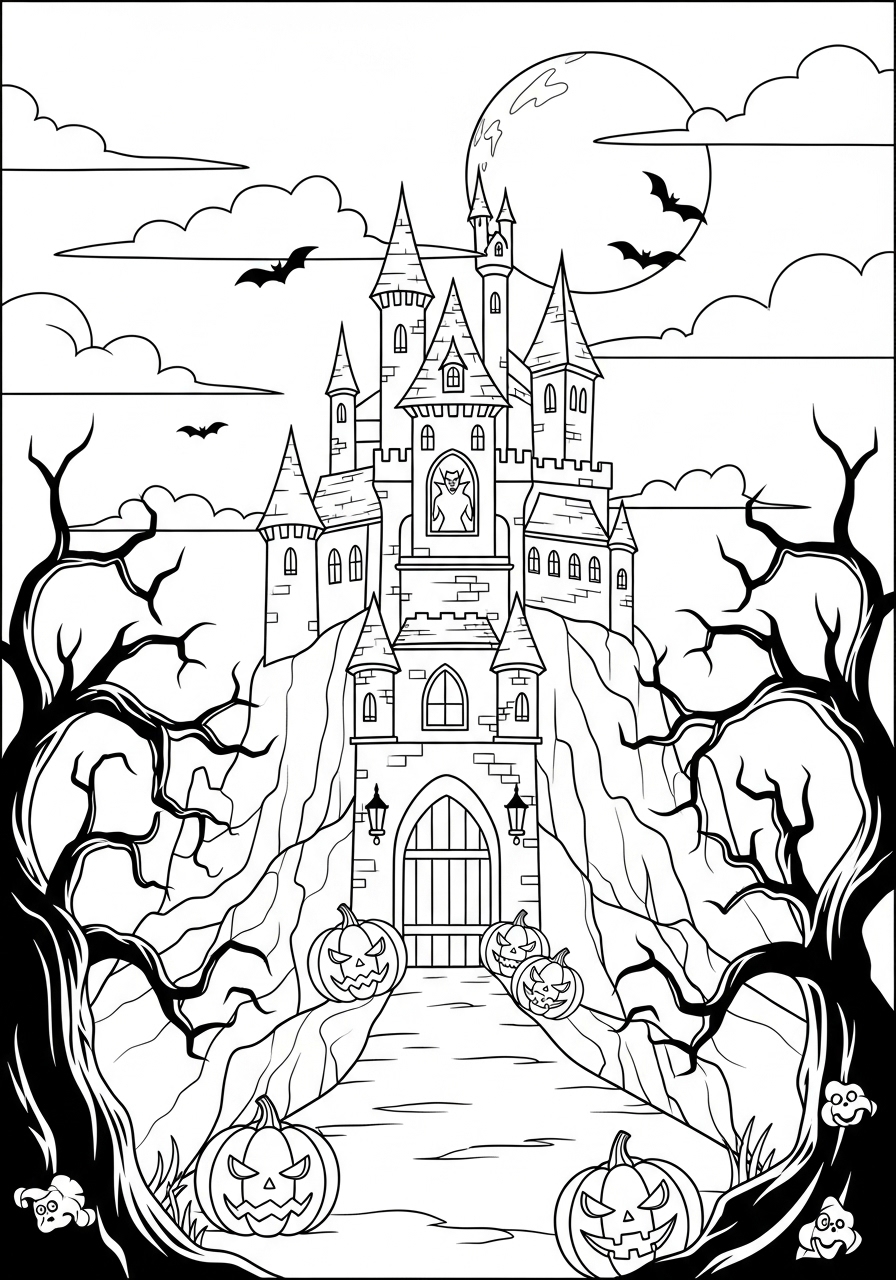 Desenho Halloween de castelo fantasma para imprimir e colorir
