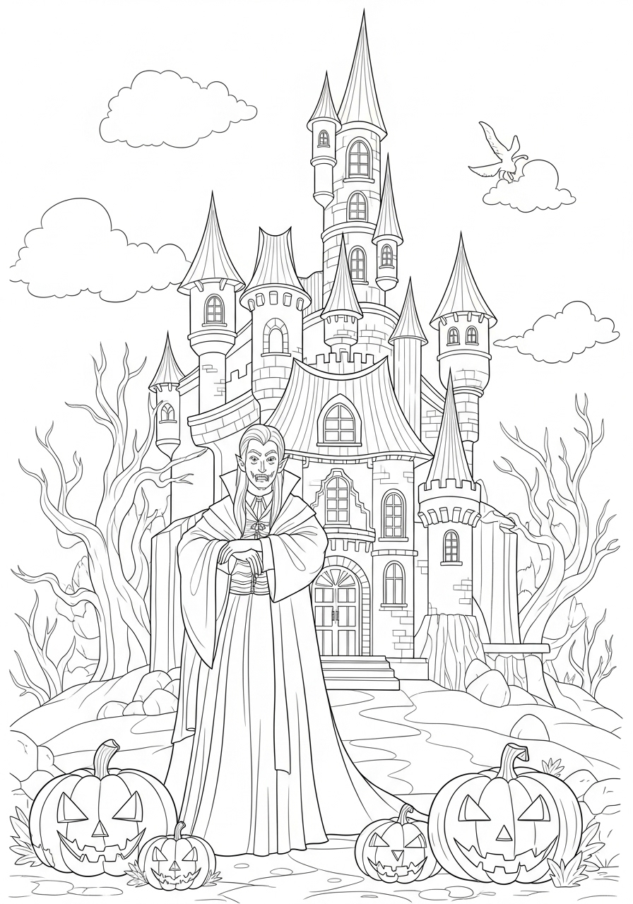 Desenho Halloween de castelo com abóboras para colorir