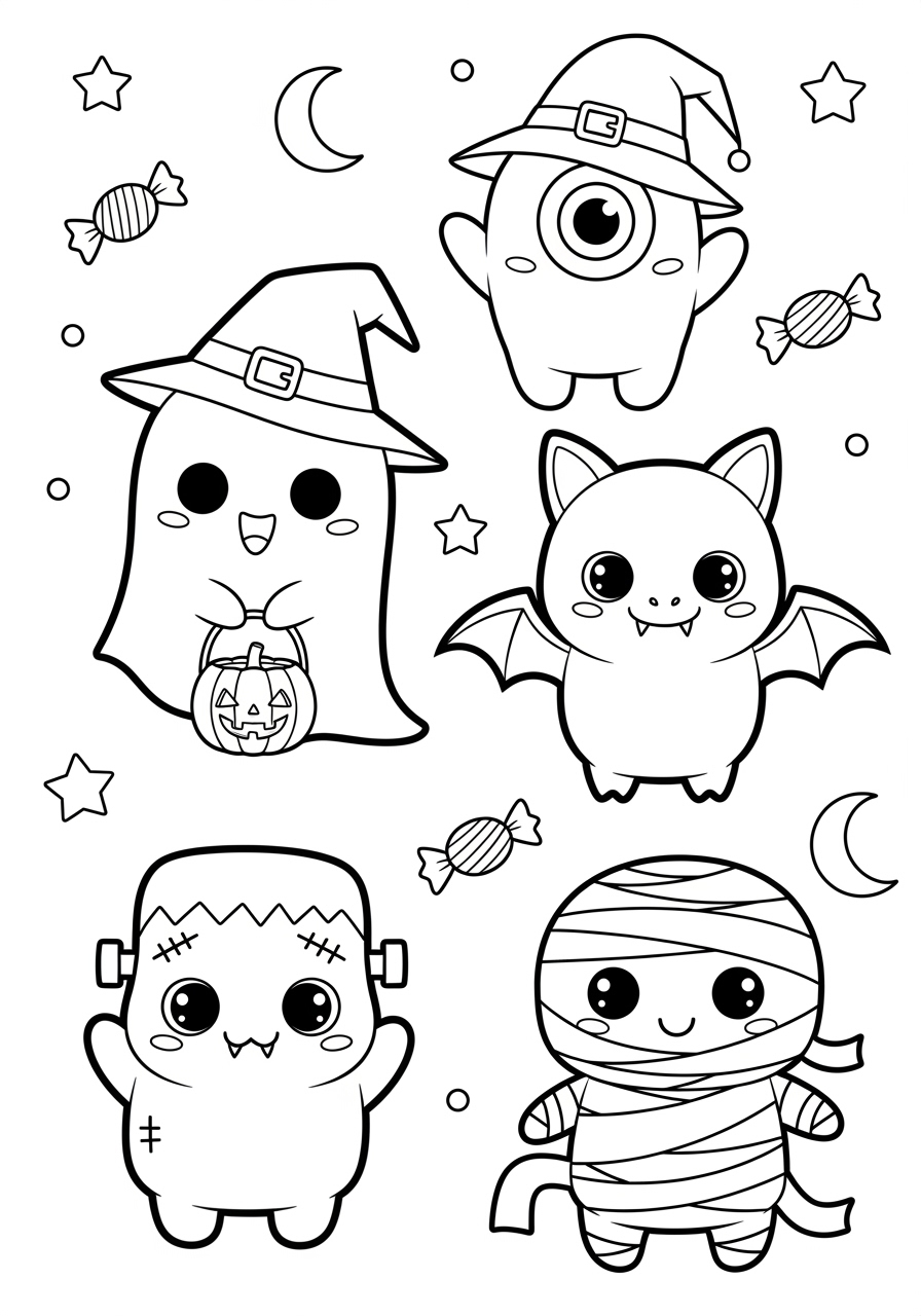 Desenho Halloween de personagens fofos para colorir