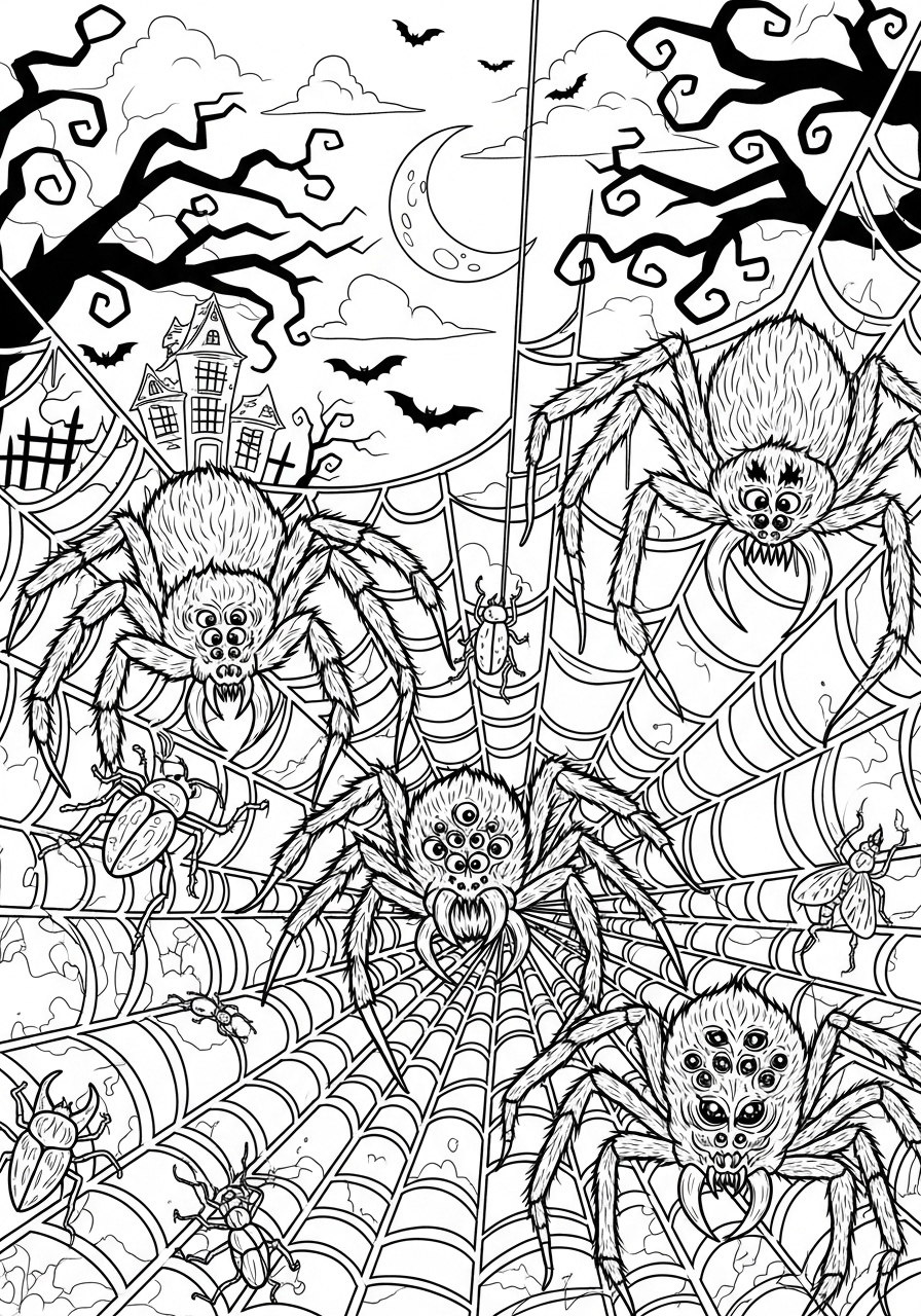 Desenho Halloween de aranhas e teias para imprimir e colorir