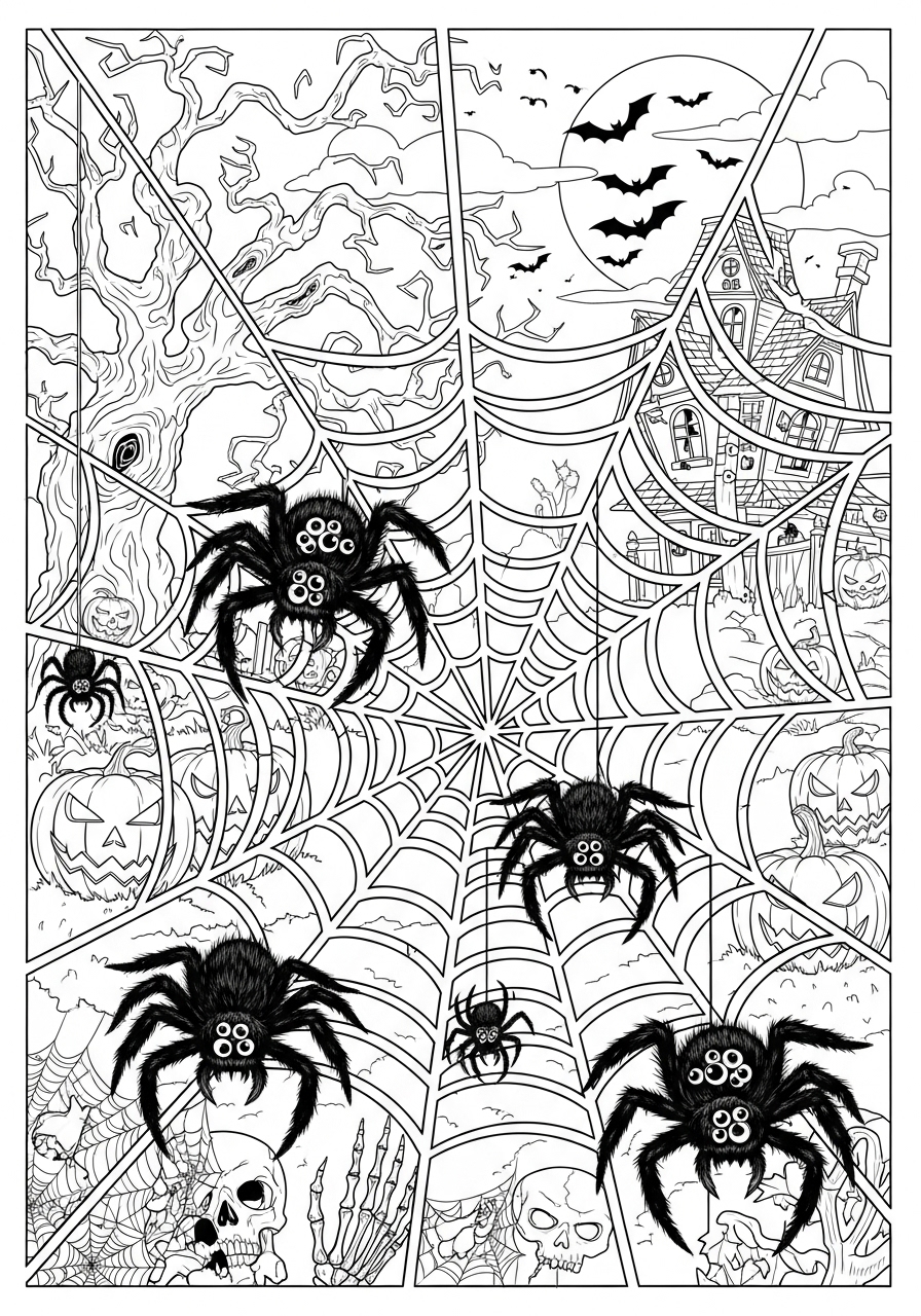 Desenho Halloween com teia de aranha e criaturas assustadoras