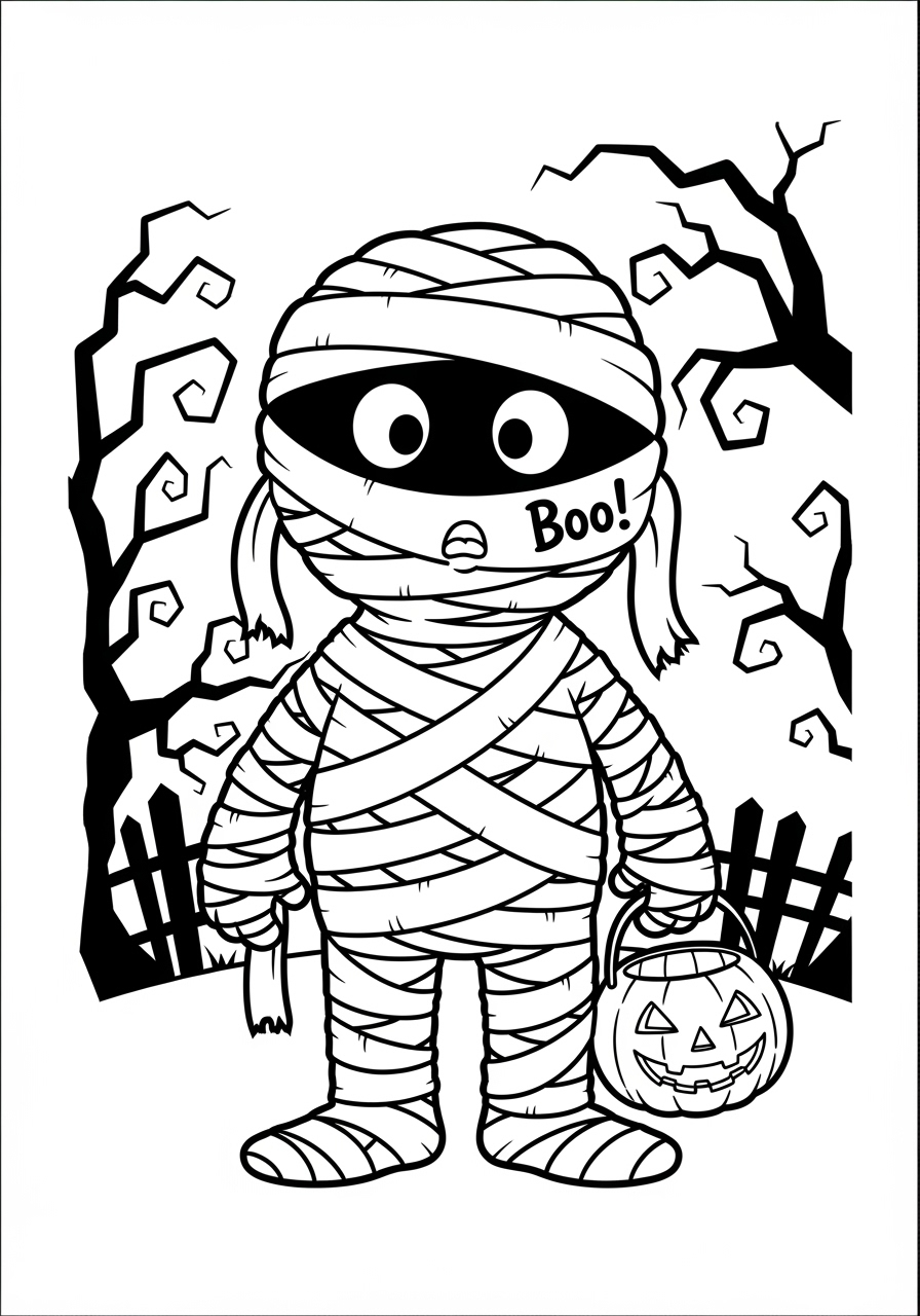 Desenho Halloween de múmia com abóbora para imprimir