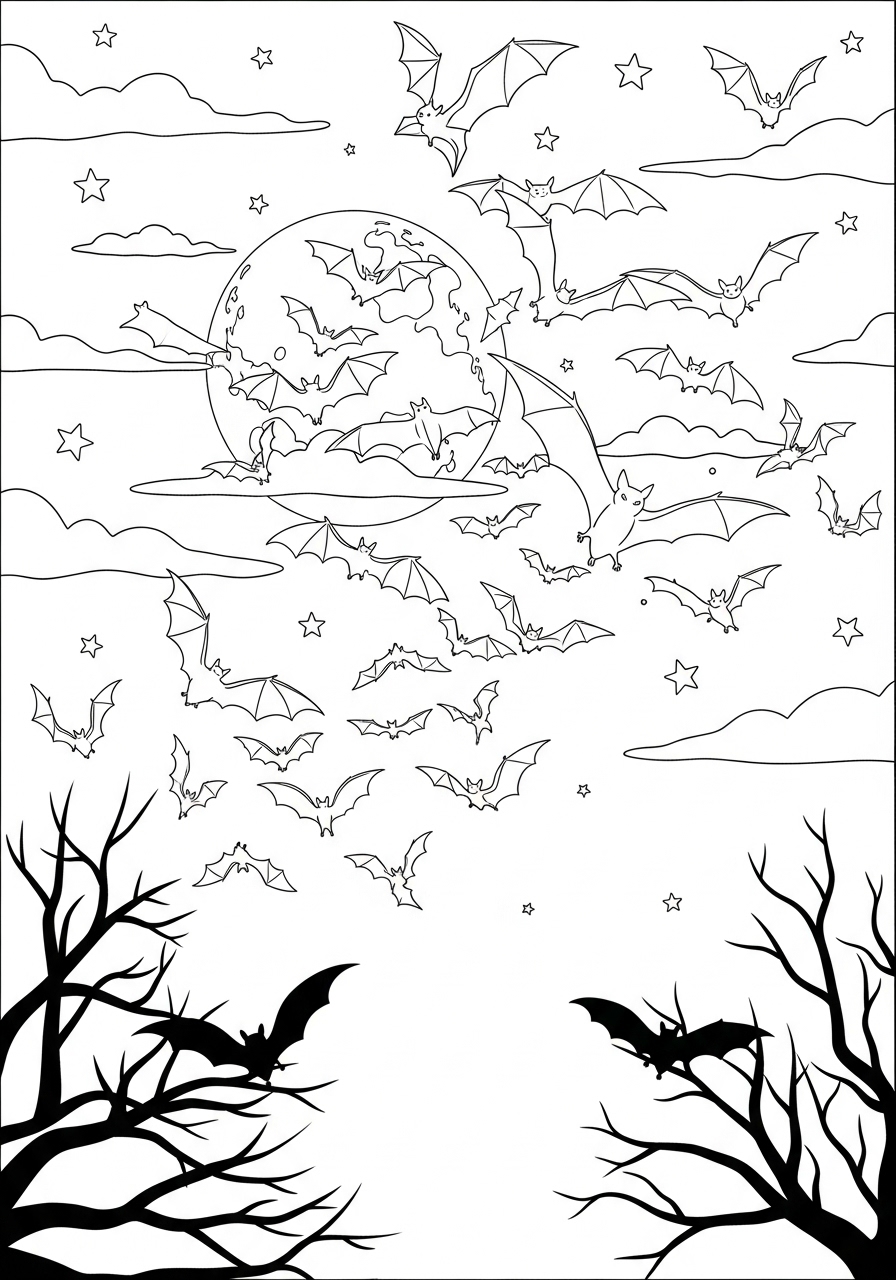 Desenho Halloween de morcegos e lua para imprimir e colorir