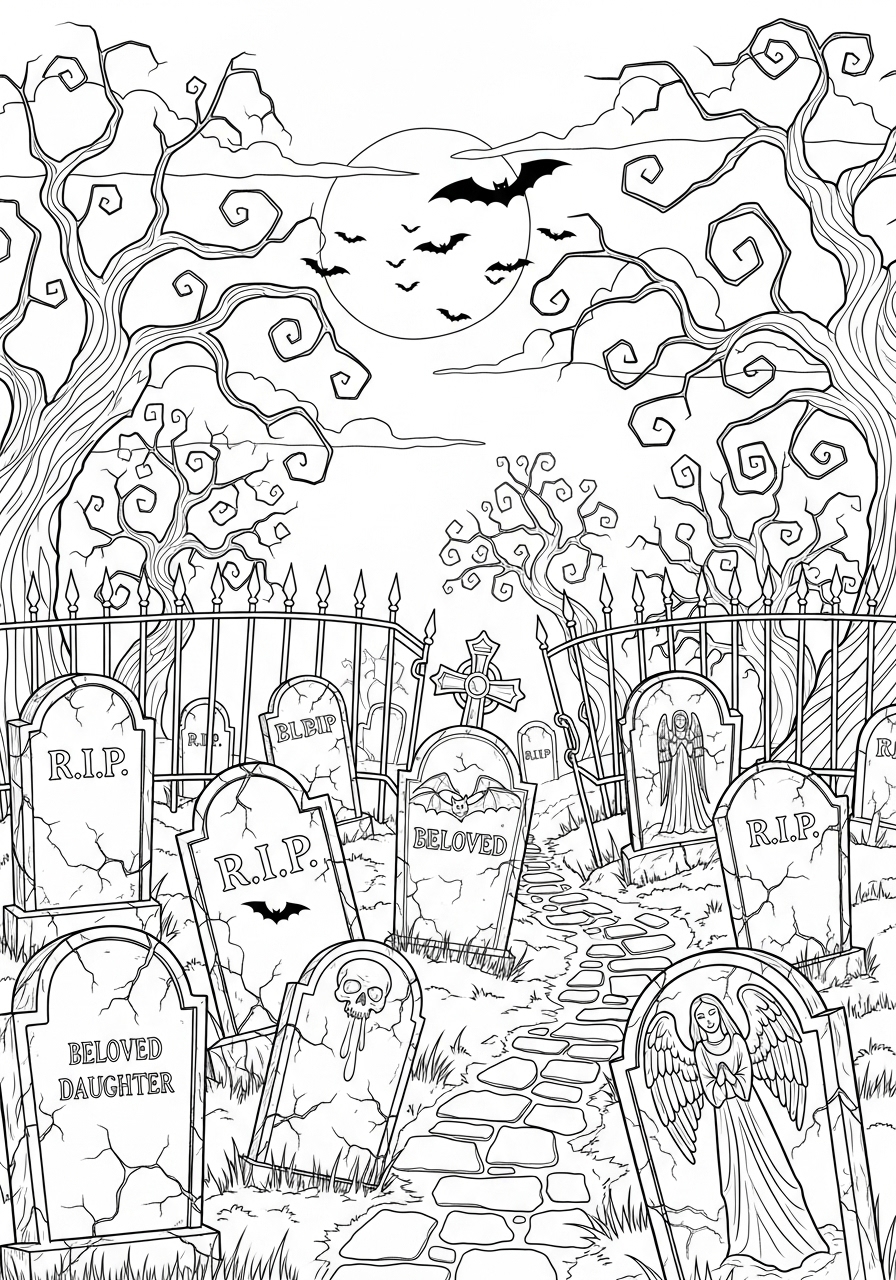 Desenho Halloween de um cemitério para imprimir e colorir