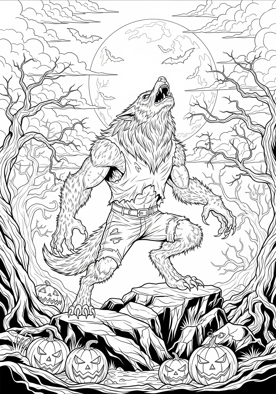 Desenho Halloween de homem lobo para imprimir e colorir