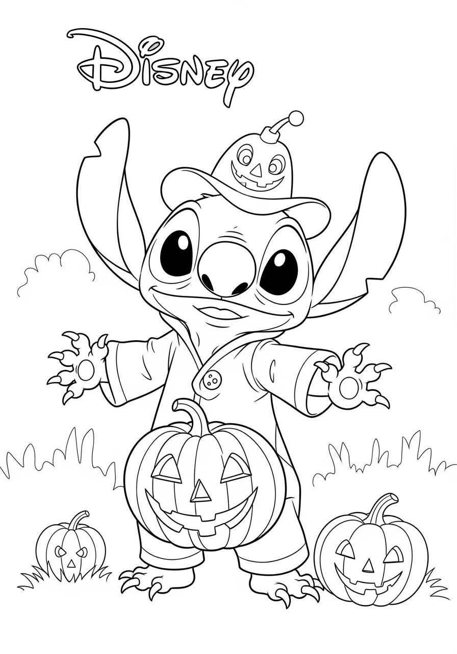 Desenho Halloween do Stitch com abóboras para colorir