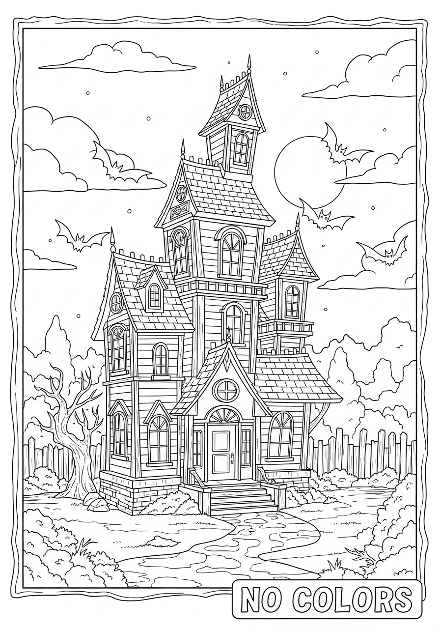 Desenho Halloween de uma casa mal-assombrada para colorir