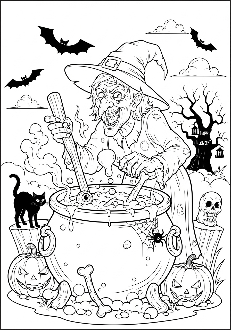 Desenho Halloween de bruxa com caldeirão para imprimir