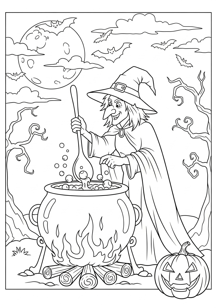 Desenho Halloween de bruxa cozinhando em caldeirão