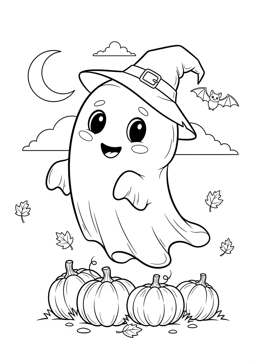 Desenho Halloween de um fantasma com abóboras para colorir