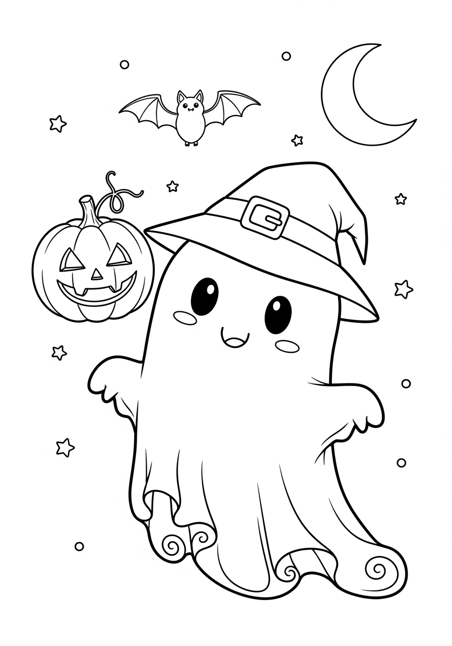 Desenho Halloween de fantasma com abóbora e morcego para colorir