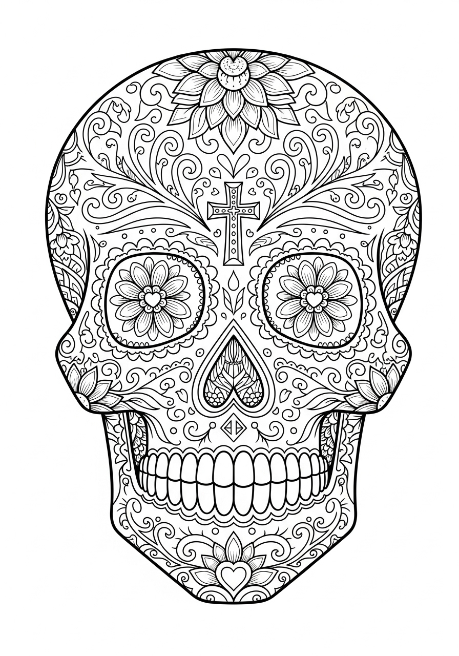 Desenho Halloween de caveira decorada para imprimir e colorir
