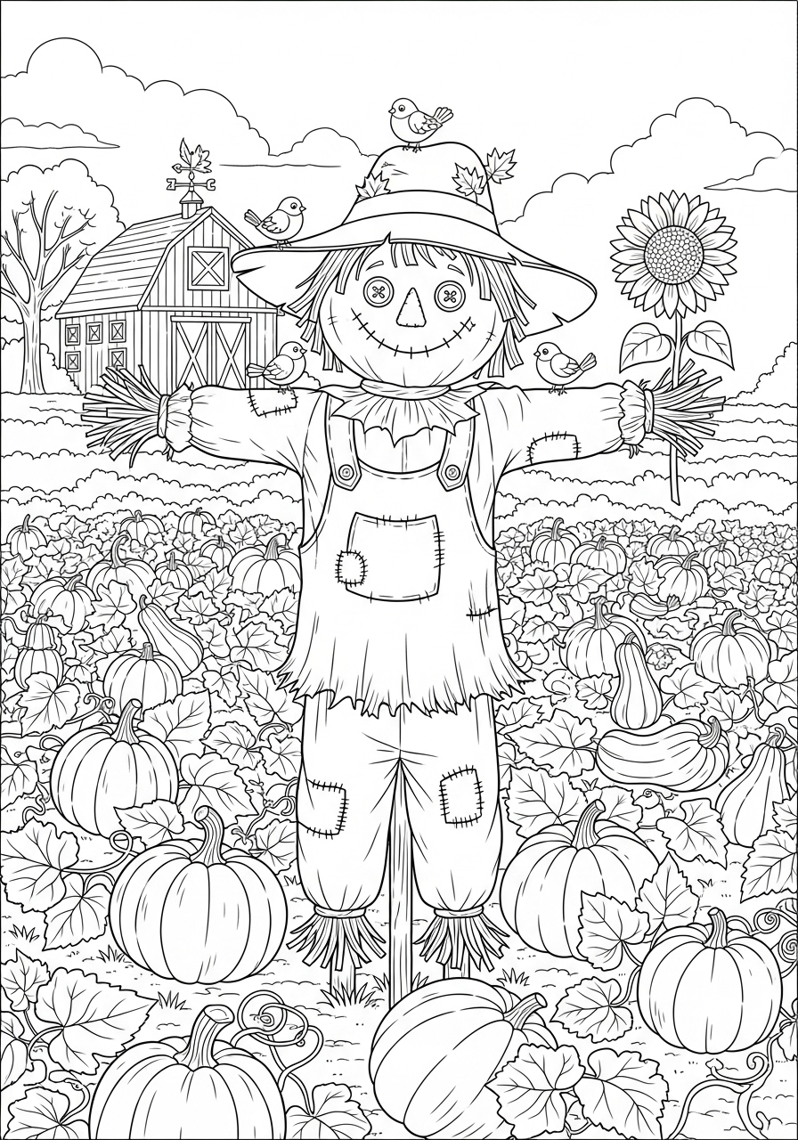 Desenho Halloween de espantalho entre abóboras para colorir