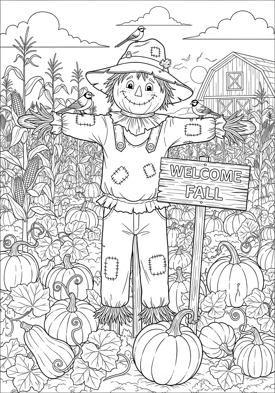 Desenho Halloween espantalho em campo para imprimir e colorir