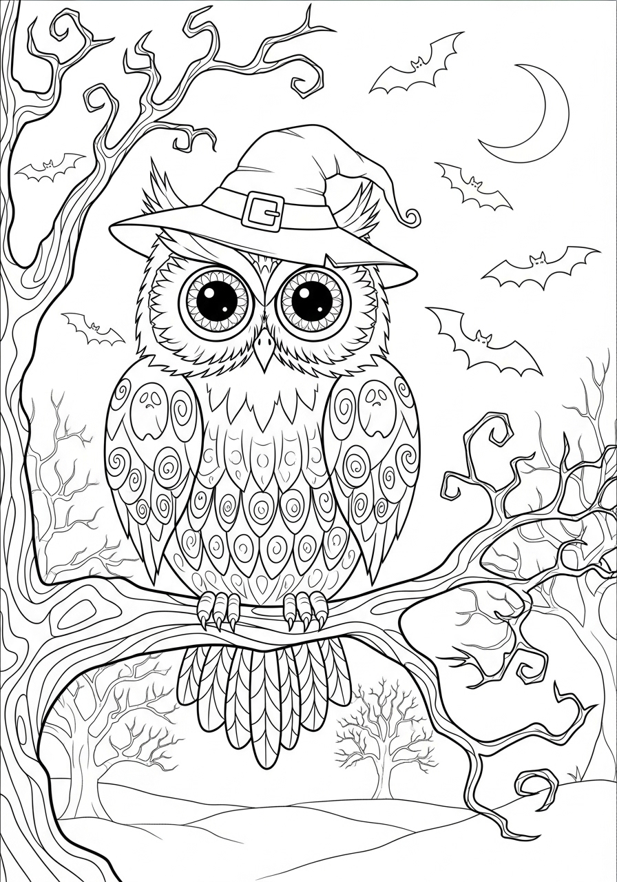Desenho Halloween de coruja usando chapéu para imprimir