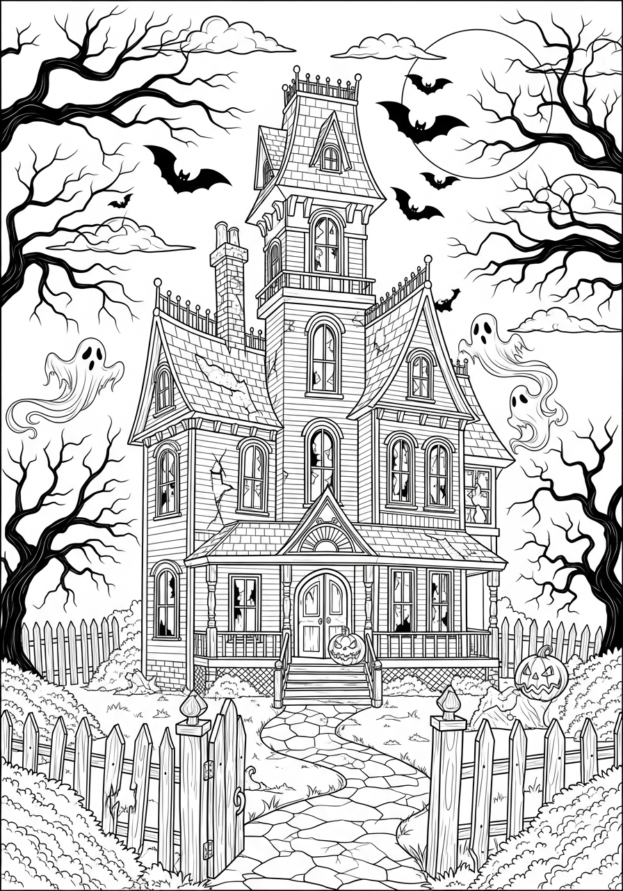 Desenho Halloween de casa assombrada para imprimir e colorir